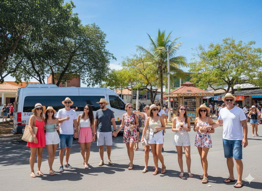 Pessoas em férias usando uma van alugada com motorista