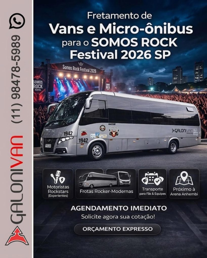 Fretamento de van e micro-ônibus da Galoni Van para o Somos Rock Festival 2026 na Arena Anhembi em São Paulo.